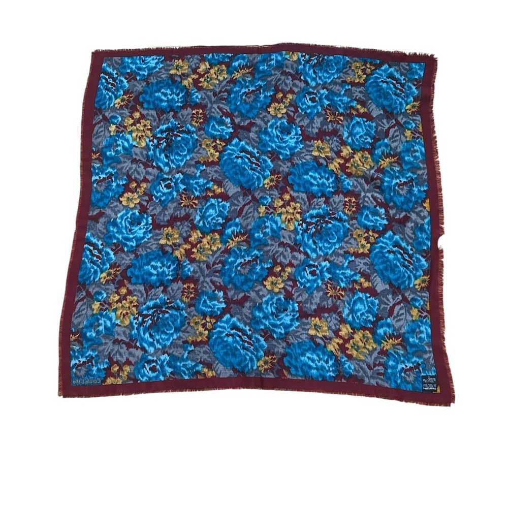 Carole Little Vintage Blue Floral Scarf 34x34 100% Wool Made in Japan RN 15542